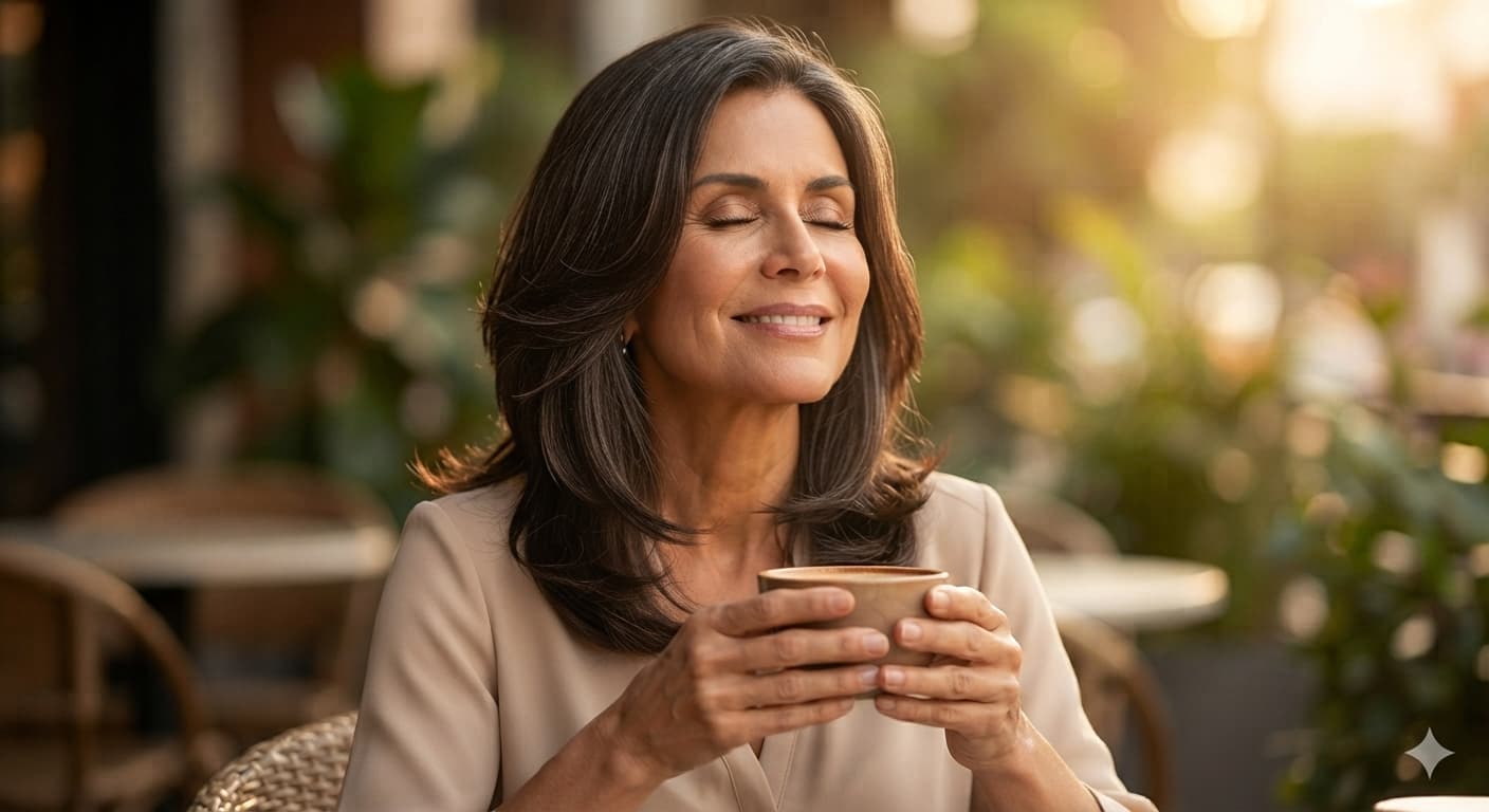 Isabel probando un café sola, disfrutando el momento