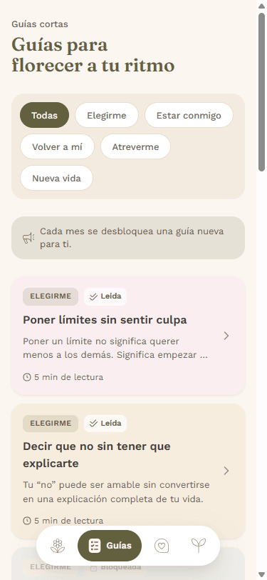 Captura real de la pantalla Guías cortas dentro de la app